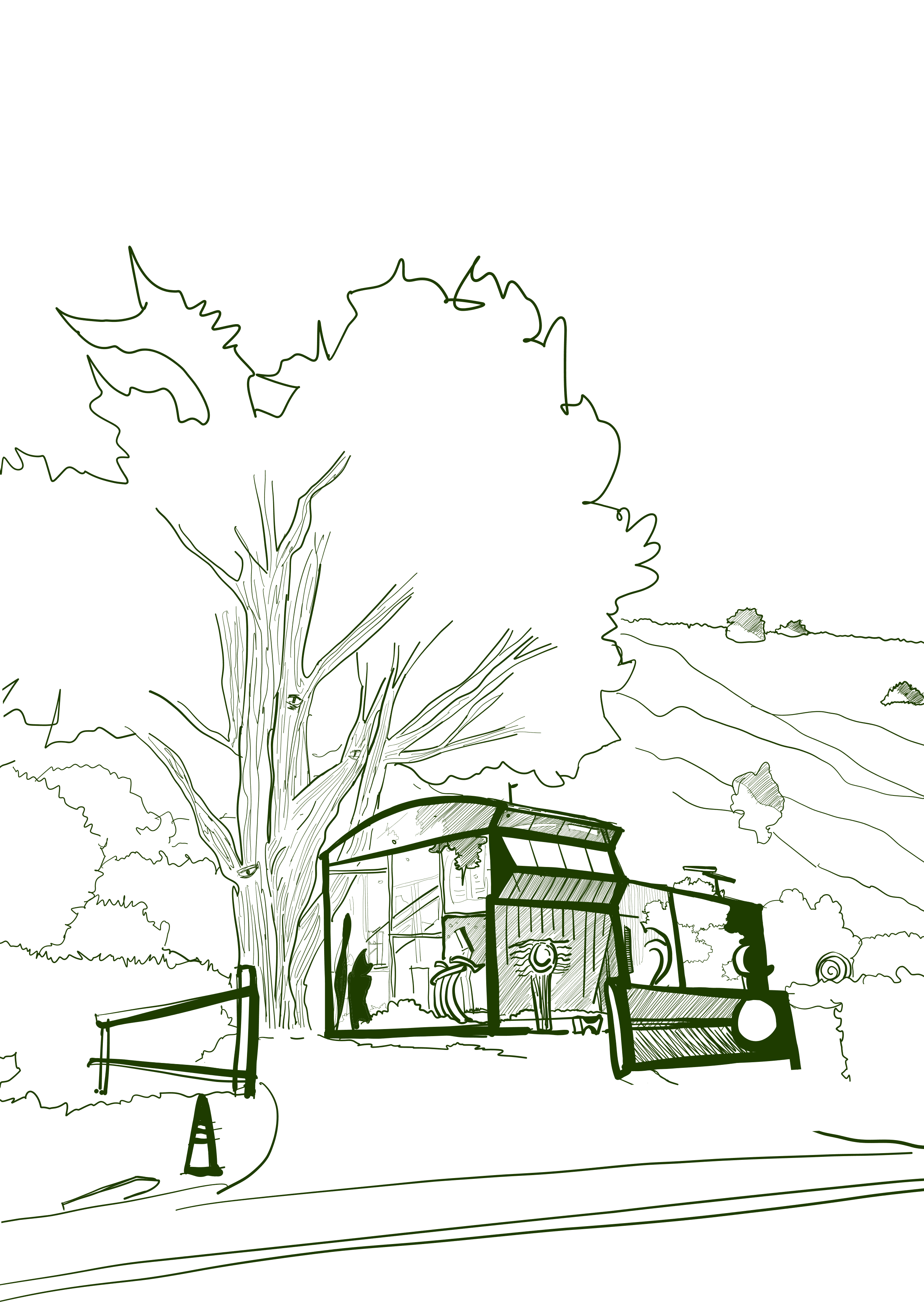 Hand-drawn architectural sketch of a greenhouse conservatory beside a mature tree